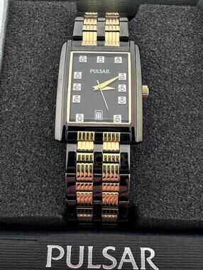 Pulsar Tank Watch Black Gold Swarovski NOS Box Papers